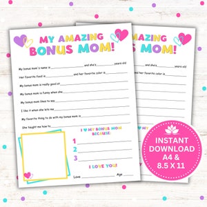 Moederdagcadeau, afdrukbare My Amazing Bonus Mom, bonus moeder verjaardag, pdf direct downloaden, 8,5 x 11 en A4