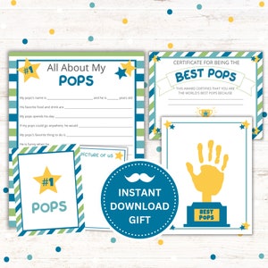Alles über meine Pops zum Ausdrucken – Vatertagsgeschenk – Sofort-Download als PDF – Best-Pops-Zertifikat, Trophäen-Handabdruck-Kunst, Nr. 1 Pops-Karte
