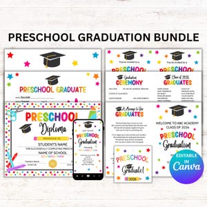 Preschool Graduation Bundle Editable Canva Template, Invitation Program Diploma Printable, Preschool Graduation Invitation & Program Set