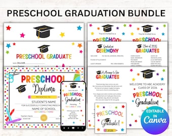Redigerbart examenspaket för förskola, inbjudan, program, diplom (Canva-mall)