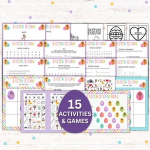 May include: A set of 15 printable Easter story activities and games for kids. The games include a word search, a maze, a tic-tac-toe game, a bingo game, a word scramble, a crossword puzzle, a cryptogram, a word game, and a roll and cover game. The games are all themed around the Easter story and are perfect for a Sunday school class, a family gathering, or a homeschool activity.