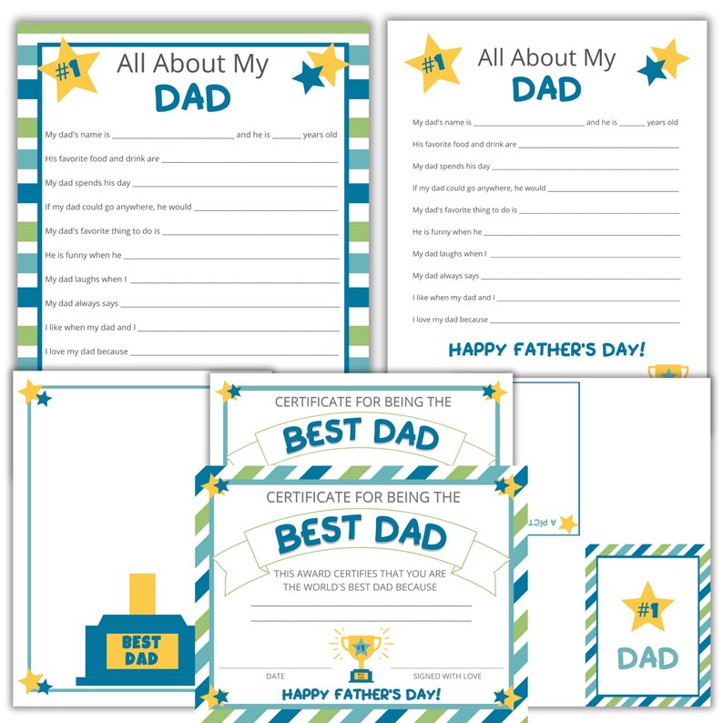 Puede incluir: Un conjunto de tarjetas imprimibles para el D&iacute;a del Padre con un esquema de color azul, verde y amarillo. El conjunto incluye un certificado para "Mejor pap&aacute;", un cuestionario para completar "Todo sobre mi pap&aacute;" y una tarjeta simple con el texto "#1 Pap&aacute;".