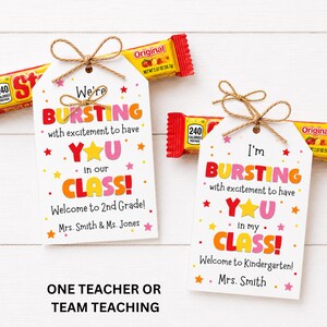 Editable teacher welcome gift tags for one teacher or team teaching classroom with printable candy tags.