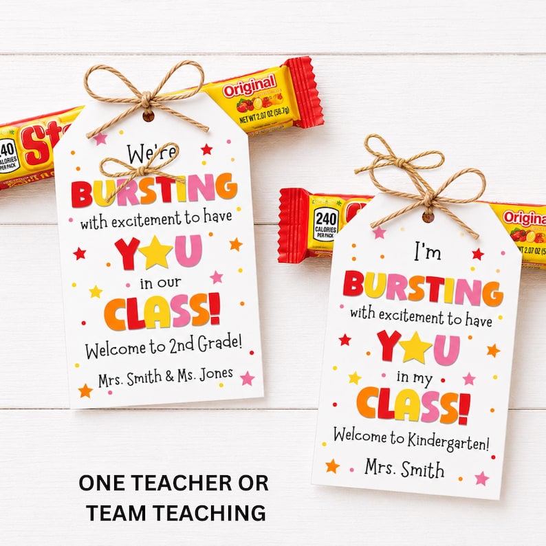 Editable teacher welcome gift tags for one teacher or team teaching classroom with printable candy tags.