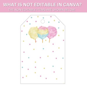 May include: A white tag with a pink, blue, and yellow cotton candy graphic. The tag is decorated with pink, blue, and yellow confetti. The text "WHAT IS NOT EDITABLE IN CANVA?" is at the top of the tag. The text "THE NON-EDITABLE ITEMS ARE SHOWN BELOW." is below the first line of text.