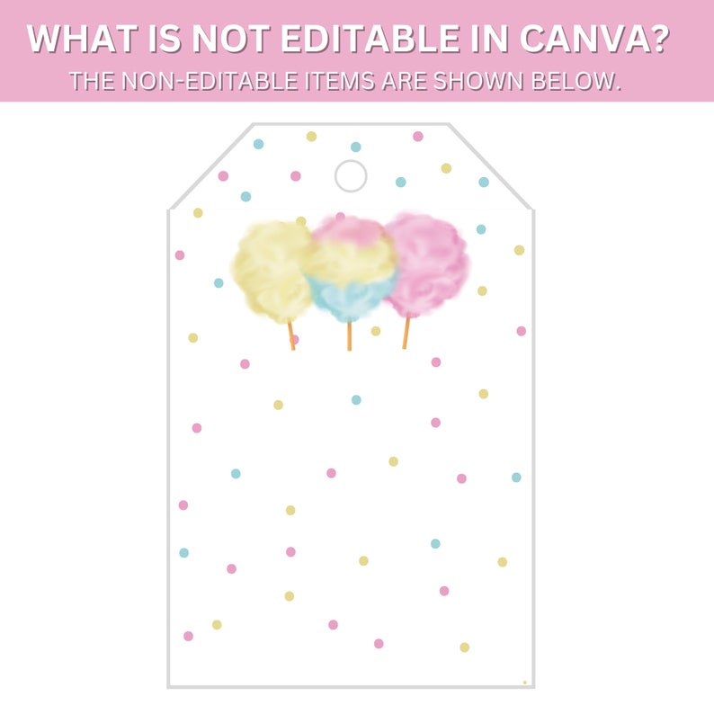 May include: A white tag with a pink, blue, and yellow cotton candy graphic. The tag is decorated with pink, blue, and yellow confetti. The text "WHAT IS NOT EDITABLE IN CANVA?" is at the top of the tag. The text "THE NON-EDITABLE ITEMS ARE SHOWN BELOW." is below the first line of text.