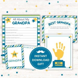 Tout sur mon grand-père imprimable - Cadeau pour la fête des pères - PDF à téléchargement immédiat - Certificat du meilleur grand-père, empreinte de main trophée, carte #1 grand-père