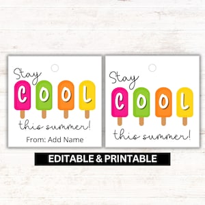 Wydrukuj etykiety na prezenty Stay Cool This Summer - Edytowalny Canva, Spersonalizowane etykiety na lody, Upominki na letnie przyjęcia, Prezenty dla uczniów na koniec roku