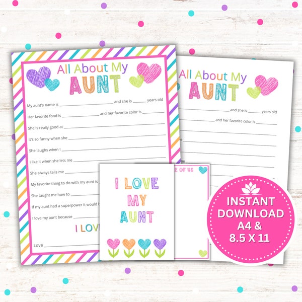 Mother's Day Gift, All About My Aunt Printable, Birthday Gift, Instant Download