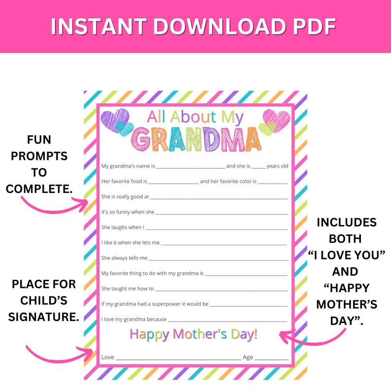 Op de afbeelding: Een printbare PDF voor Moederdag, met invulvragen over een oma. Het ontwerp bevat kleurrijke strepen, harten en de tekst "All About My Grandma". Bevat de berichten "I Love You" en "Happy Mother's Day".