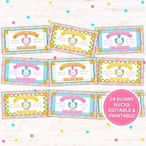 Editable Bunny Bucks for kids. 24 printable bunny bucks with the option to edit in Canva. Great for Easter baskets, Easter Egg Hunt, and more. Great non-candy Easter alternative.