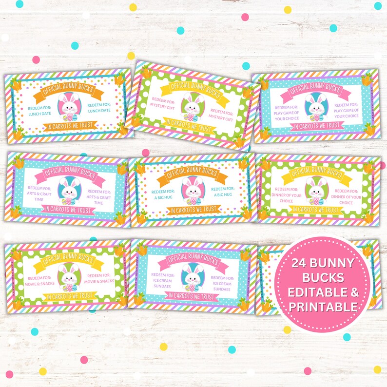 Editable Bunny Bucks for kids. 24 printable bunny bucks with the option to edit in Canva. Great for Easter baskets, Easter Egg Hunt, and more. Great non-candy Easter alternative.