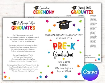 Edytowalny szablon programu ukończenia przedszkola, program uroczystości do druku Canva dla przedszkolaków (do natychmiastowego pobrania)