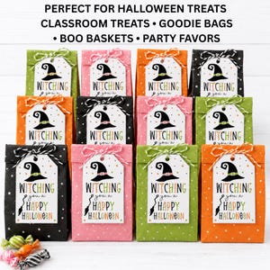 Classroom set of colorful black, pink, green, and orange goodie bags decorated with coordinating witch Halloween treat tags.