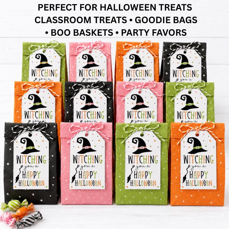 Classroom set of colorful black, pink, green, and orange goodie bags decorated with coordinating witch Halloween treat tags.