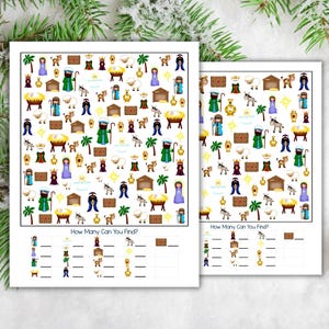 May include: A printable Christmas activity sheet with two identical images of a nativity scene. The images are filled with various characters and objects, including a manger, a star, a donkey, a sheep, and three wise men. The sheet includes a section for counting how many of each item can be found in the images.