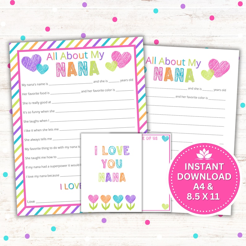 All About My Nana printable is a fun gift for a child to give to their grandma. It is the perfect heartfelt gift from a grandchild for Mothers Day, Grandparents Day or her birthday. Instant download PDF.