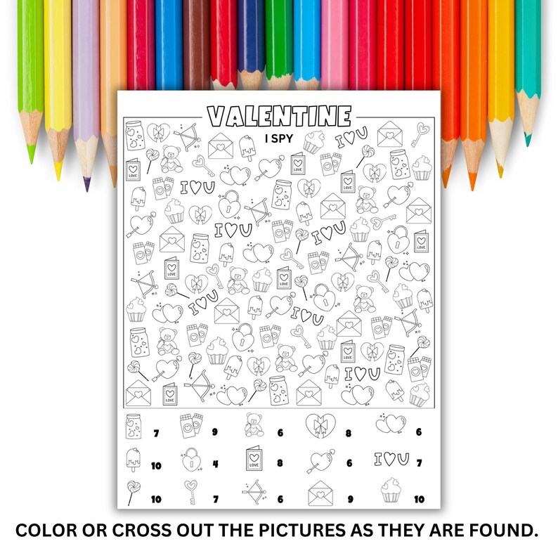 May include: A black and white printable Valentine's Day I Spy game with a variety of images including hearts, teddy bears, cupcakes, and candy. The game includes a list of items to find and a grid with numbers to help players keep track of their progress.