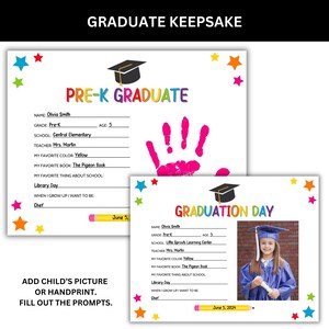 pre-k graduate and graduation day printable. Add child's handprint or picture and complete the prompts for a graduate keepsake.