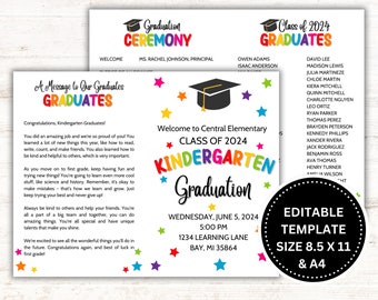 Kindergarten Graduation Program Editable -  Graduation Ceremony Template - Canva - Print Sizes 8.5 x 11, A4