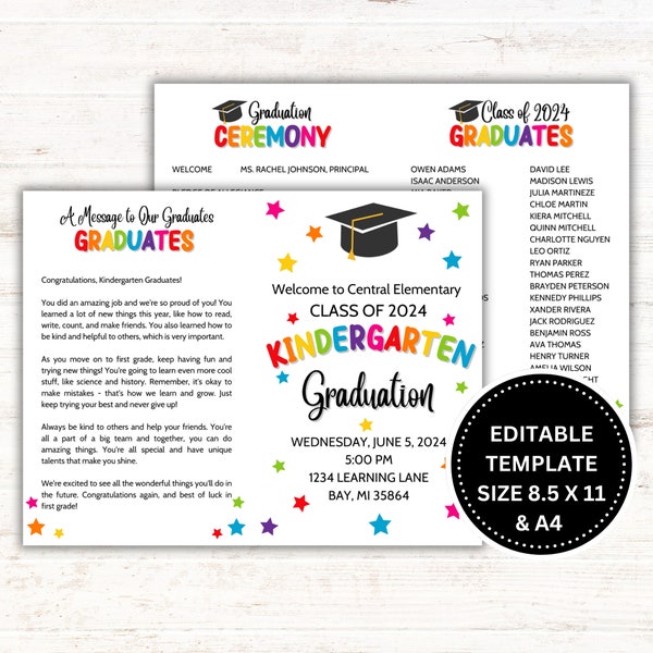 Kindergarten Graduation Program Editable -  Graduation Ceremony Template - Canva - Print Sizes 8.5 x 11, A4
