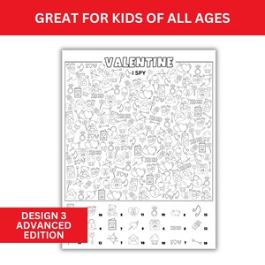 May include: A black and white Valentine's Day I Spy game with a grid of 19 squares. The grid contains 15 different Valentine's Day themed images, including hearts, rings, teddy bears, and cupcakes. The text "VALENTINE I SPY" is at the top of the image.