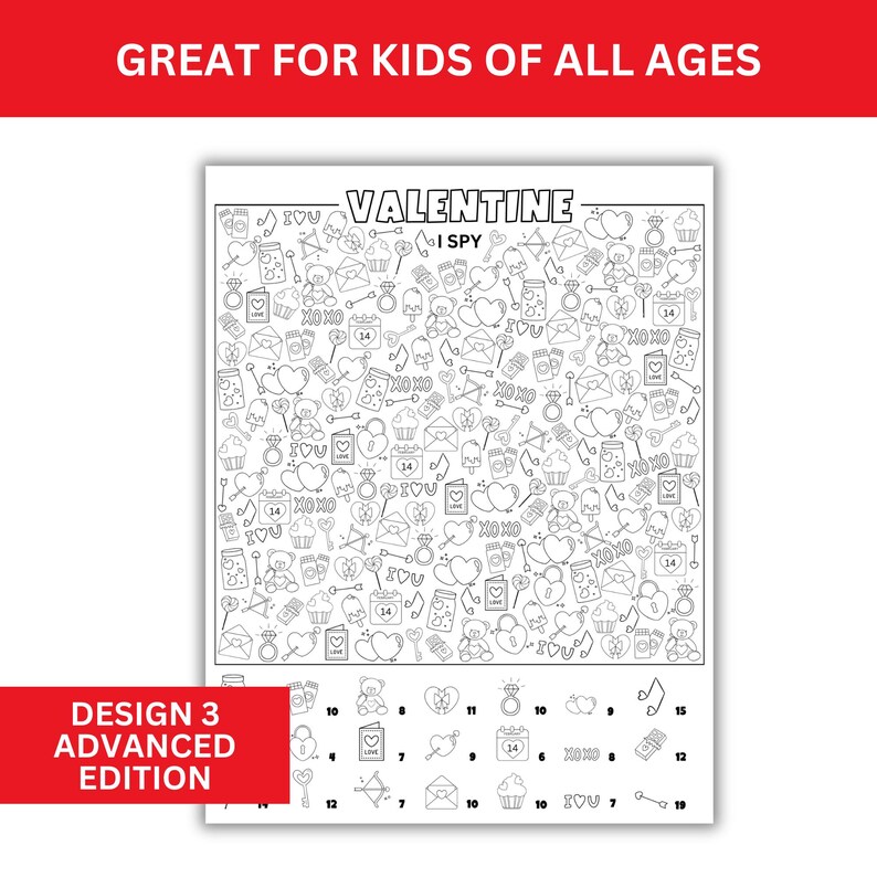 May include: A black and white Valentine's Day I Spy game with a grid of 19 squares. The grid contains 15 different Valentine's Day themed images, including hearts, rings, teddy bears, and cupcakes. The text "VALENTINE I SPY" is at the top of the image.