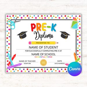 Diploma de graduación de preescolar editable/Certificado de graduación de preescolar/Plantilla de Canva imprimible
