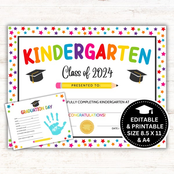 Editable Kindergarten Graduation Certificate, Kindergarten Graduation Diploma - Printable - 8.5 x 11 and A4