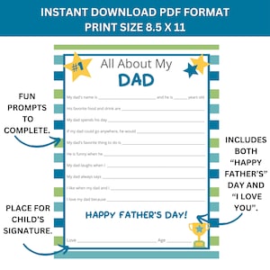 Puede incluir: Hoja de actividad imprimible para el D&iacute;a del Padre con indicaciones para que los ni&ntilde;os rellenen informaci&oacute;n sobre su padre. La hoja tiene un esquema de color azul, verde y amarillo con estrellas y un gr&aacute;fico de trofeo. El texto "&iexcl;Feliz D&iacute;a del Padre!" est&aacute; en la parte inferior de la hoja.