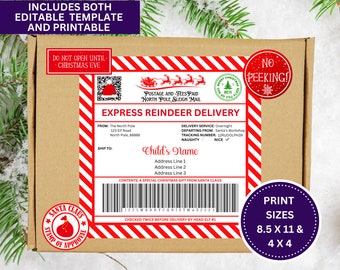 Etiqueta de Navidad imprimible de Santa, editable, descarga instantánea, correo de trineo de Santa, etiquetas de pegatinas del Polo Norte, correo de elfo, etiqueta de envío de Santa