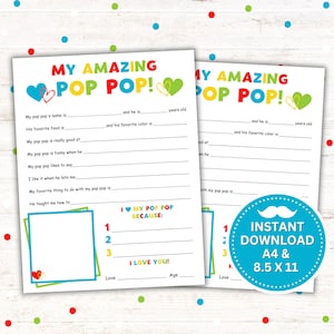 Cadeau fête des pères My Amazing Pop Pop à imprimer, cadeau fête des grands-parents, cadeau d'anniversaire pour pop pop