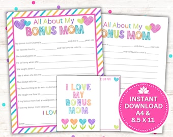 Mother's Day Gift - All About My Bonus Mom Printable, Bonus Mom Birthday, Instant Download PDF