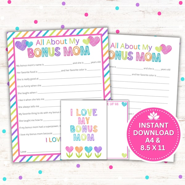 Mother's Day Gift - All About My Bonus Mom Printable, Bonus Mom Birthday, Instant Download PDF