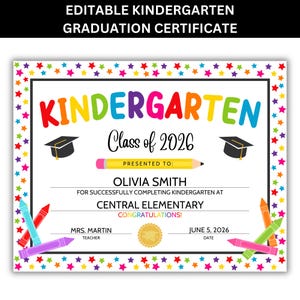 Editable kindergarten diploma Canva template personalized graduation certificate with name school and teacher fields