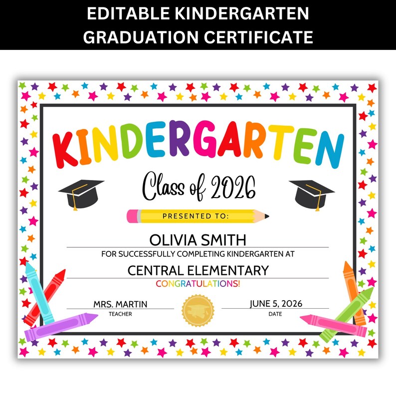 Editable kindergarten diploma Canva template personalized graduation certificate with name school and teacher fields
