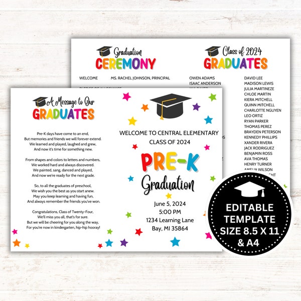 Editable Pre-K Graduation Program - Canva Editable - Instant Download - Print Sizes 8.5 x 11 and A4 - Graduation Ceremony
