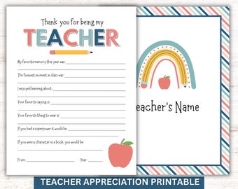 Teacher Appreciation Printable, All About My Teacher Gift from Student, Instant Download PDF