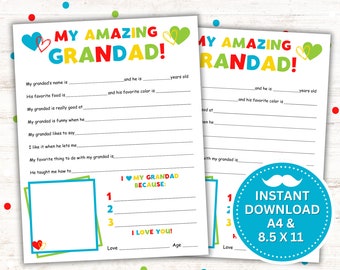 May include: Printable fill-in-the-blank questionnaire for kids to write about their granddad. The questionnaire has prompts like "My granddad's name is..." and "My granddad is really good at..." and ends with "I love you!" The paper is white with colorful hearts and text.