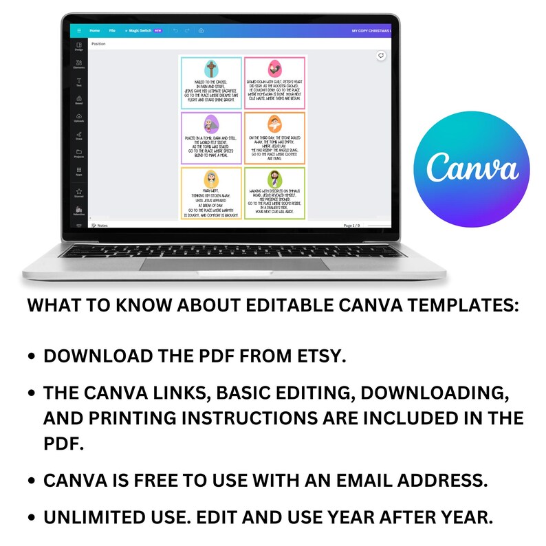 May include: A laptop screen displaying a Canva design template with colourful Easter-themed cards. The text on the cards includes Bible verses and phrases related to Easter. The image also includes a Canva logo and text explaining how to use the template.