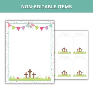 May include: Printable Easter stationery set with a white background and a colorful polka dot border. The stationery features a banner with pastel flags, a lily flower, and three crosses with Easter eggs and bunnies at the bottom. The set also includes four gift tags with a white background and a colorful polka dot border. Each tag features three crosses with Easter eggs and bunnies at the bottom.