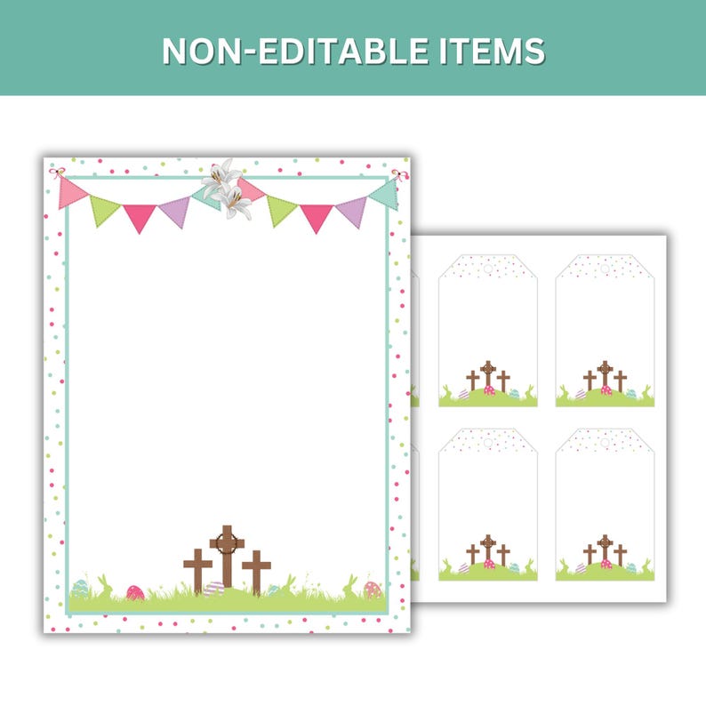 May include: Printable Easter stationery set with a white background and a colorful polka dot border. The stationery features a banner with pastel flags, a lily flower, and three crosses with Easter eggs and bunnies at the bottom. The set also includes four gift tags with a white background and a colorful polka dot border. Each tag features three crosses with Easter eggs and bunnies at the bottom.