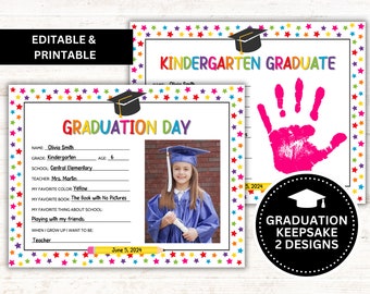 Kindergarten Graduation Keepsake, Handprint Art, Printable and Editable - 8 x 10, 8.5 x 11, and A4