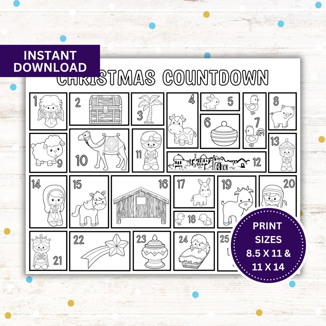 Printable nativity christmas countdown coloring page 2 sizes advent