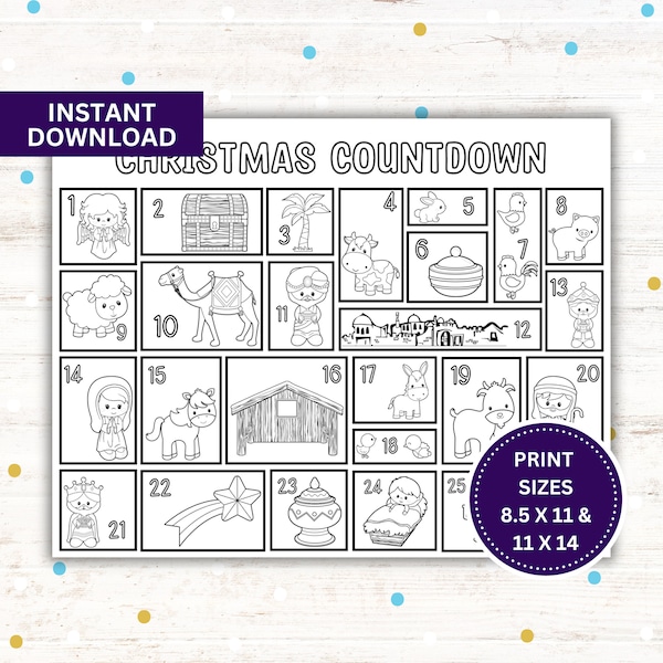 Printable Nativity Christmas Countdown Coloring Page - 2 Sizes - Advent Calendar - Instant Download