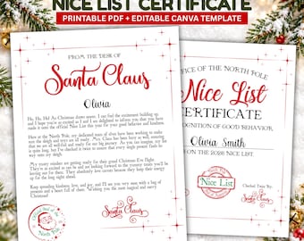 Letter from Santa and Nice List Certificate, Editable Christmas Printable, Instant Download, Canva Template