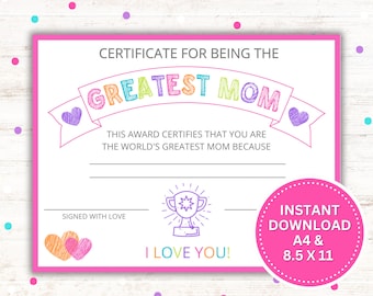 Greatest Mom Certificate Printable | Mother's Day Gift | Birthday Gift