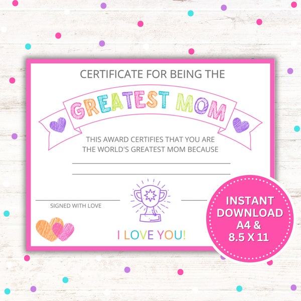 Greatest Mom Certificate Printable | Mother's Day Gift | Birthday Gift