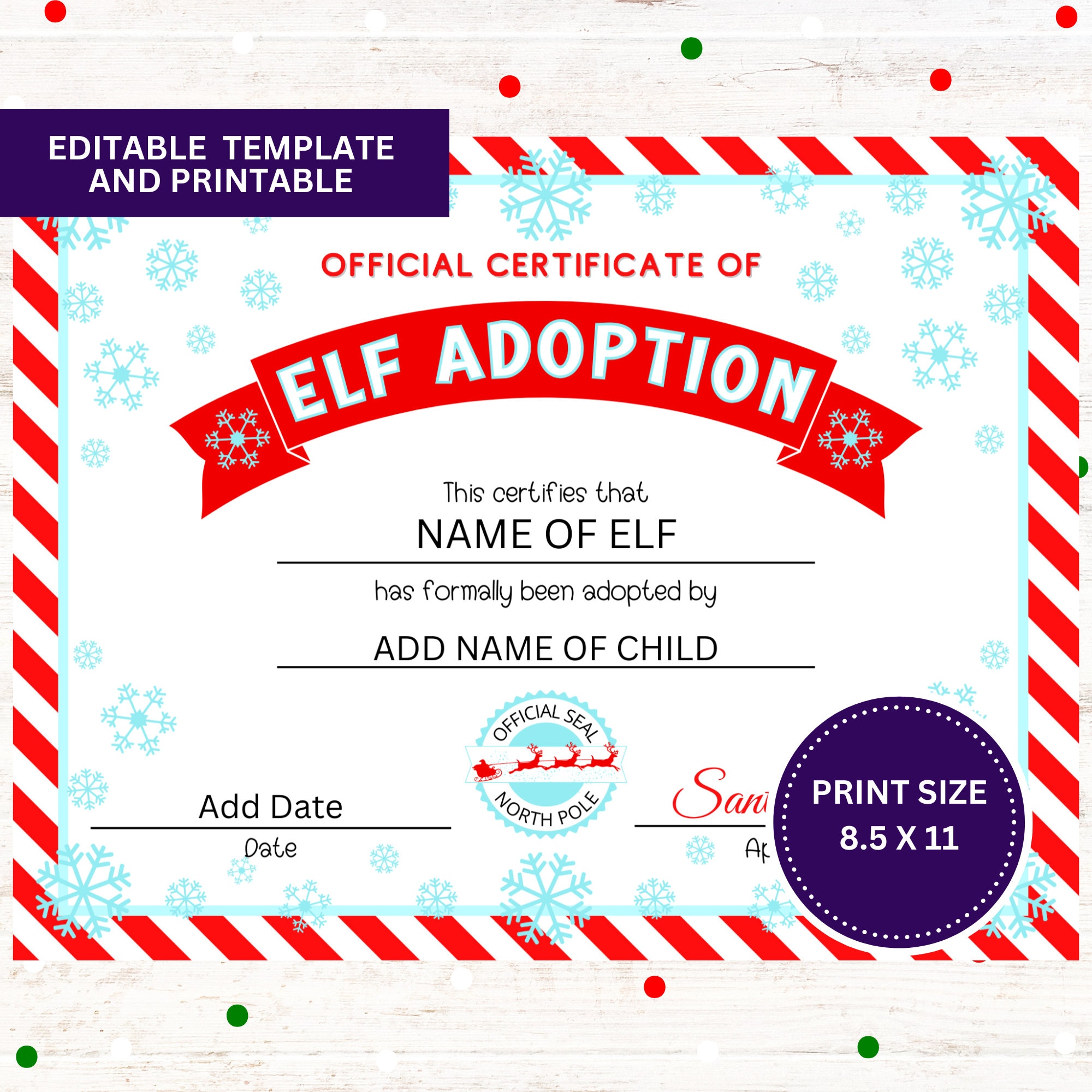 Printable Elf Adoption Certificate Editable, First Year Christmas Elf, 8.5  X 11 PDF, Canva Template, Instant Download 