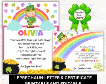 St. Patrick’s Day Leprechaun Letter & Certificate, Editable Printable Leprechaun Trap Set (PDF Download)